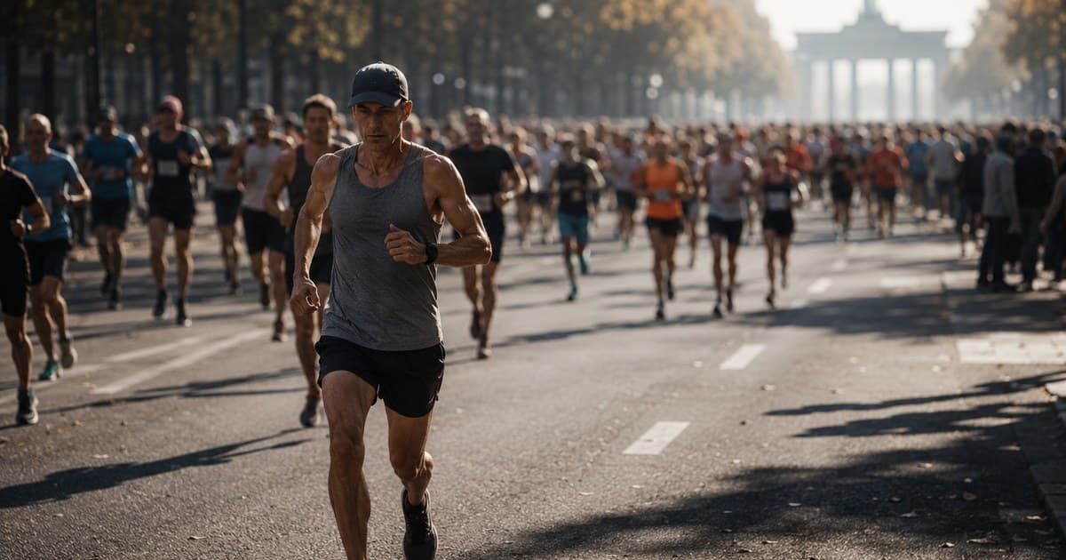 A lean masters runner mid-stride leading a large Berlin Marathon field at golden hour, the Brandenburg Gate in the distance.