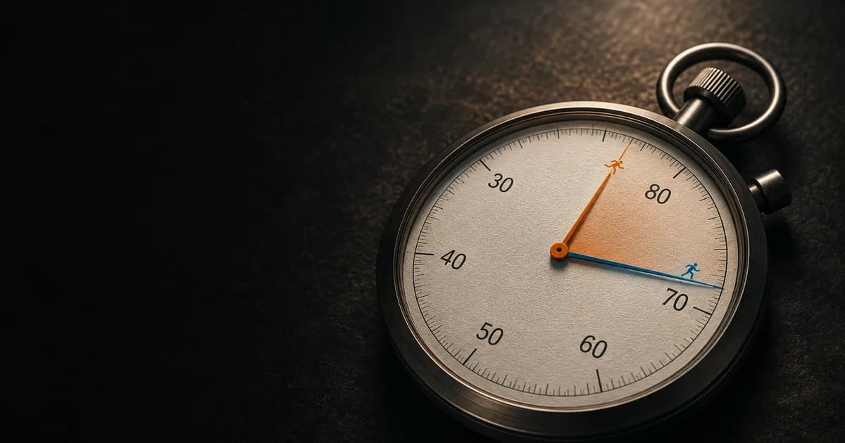 A precision stopwatch on a dark editorial surface, its dial marked in decades of human age from 30 to 80, with an orange chronograph hand for the marathon and a blue hand for the 5K diverging across a subtly glowing gap.