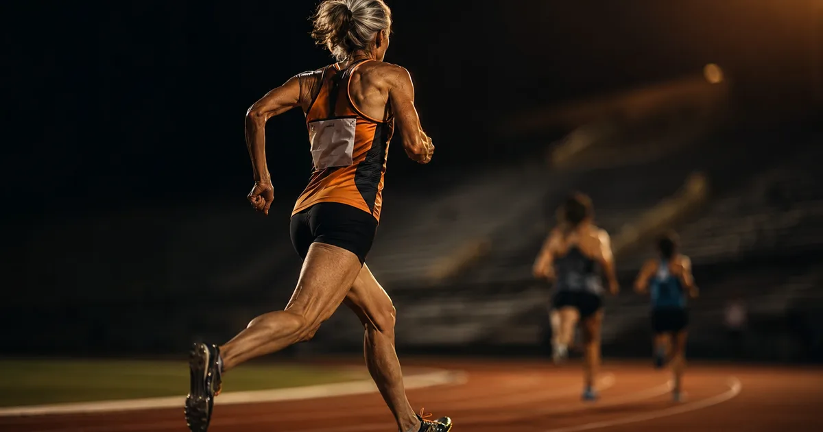 A masters female runner in her sixties, mid-stride on a floodlit athletics track, warm rim light against a dark stadium background.