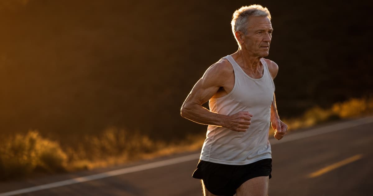 A lean masters marathoner mid-stride on an open road at golden hour, decades of running in the face, no readable bibs or logos.