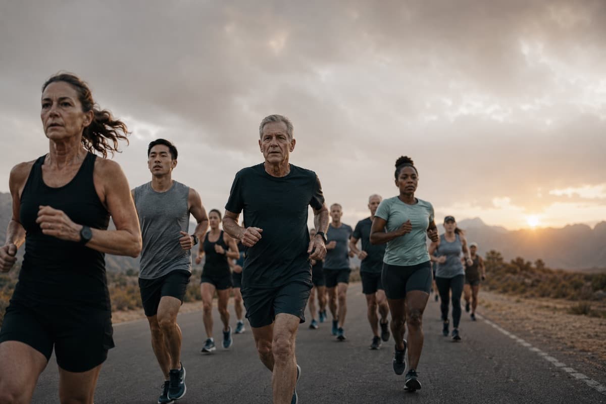A mixed-age pack of road runners on an open road at golden hour, no readable bibs or logos.