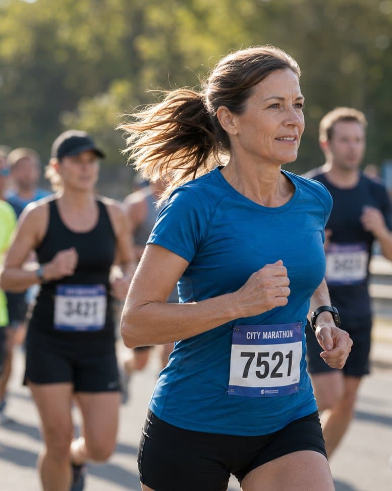 Masters-age woman with bib 7521 running a city marathon, blue tee, focused mid-stride, runners flanking her