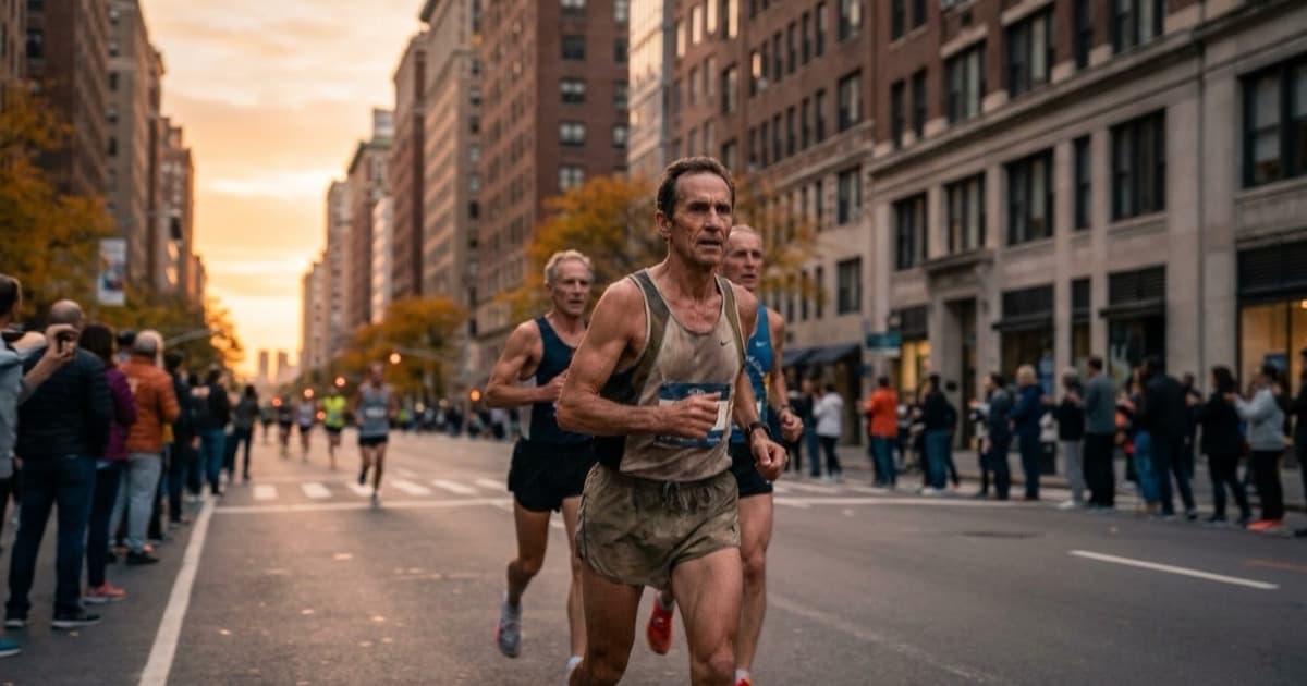 A masters marathoner running through a New York City street at speed, no readable bibs or logos, autumn light.
