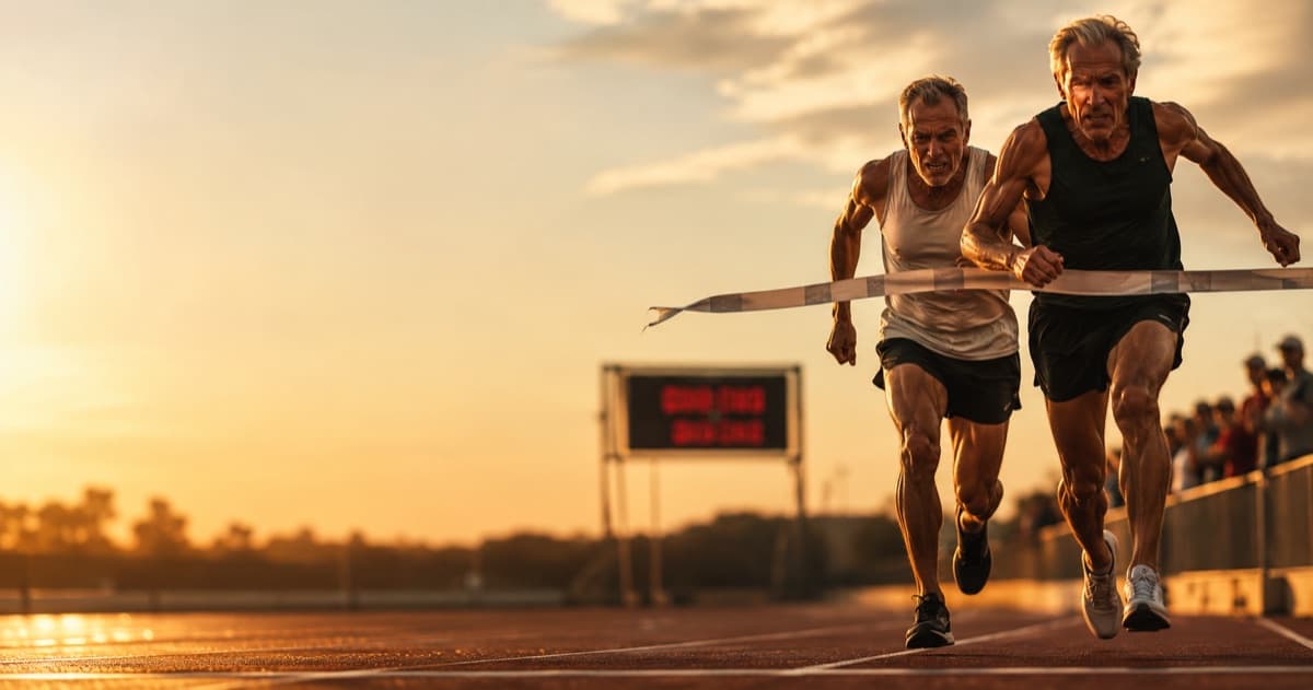 Two masters-age male runners breasting the finish tape together at golden hour, near-identical stride, race clock in the background with its digits blurred illegible, no readable bibs or logos.