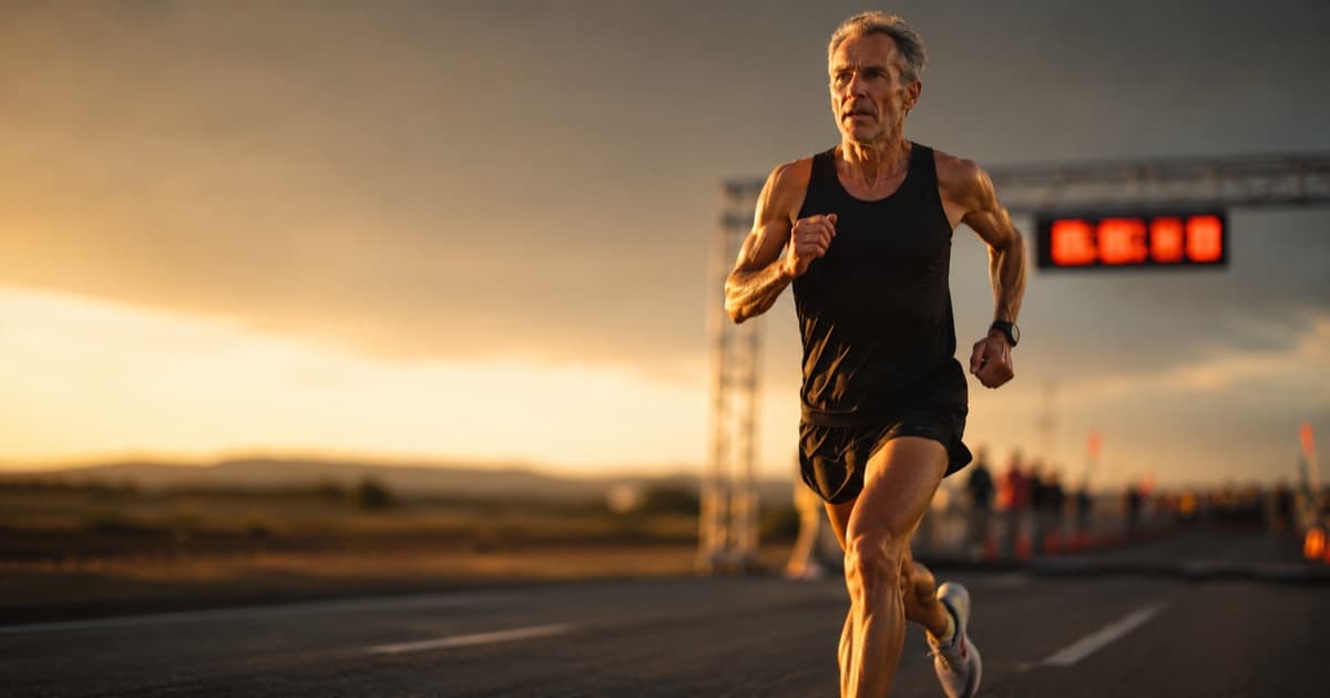 A lean masters runner in his fifties at speed on an open road at golden hour, passing under a race finish gantry whose glowing clock numbers are blurred illegible, no readable bibs or logos.