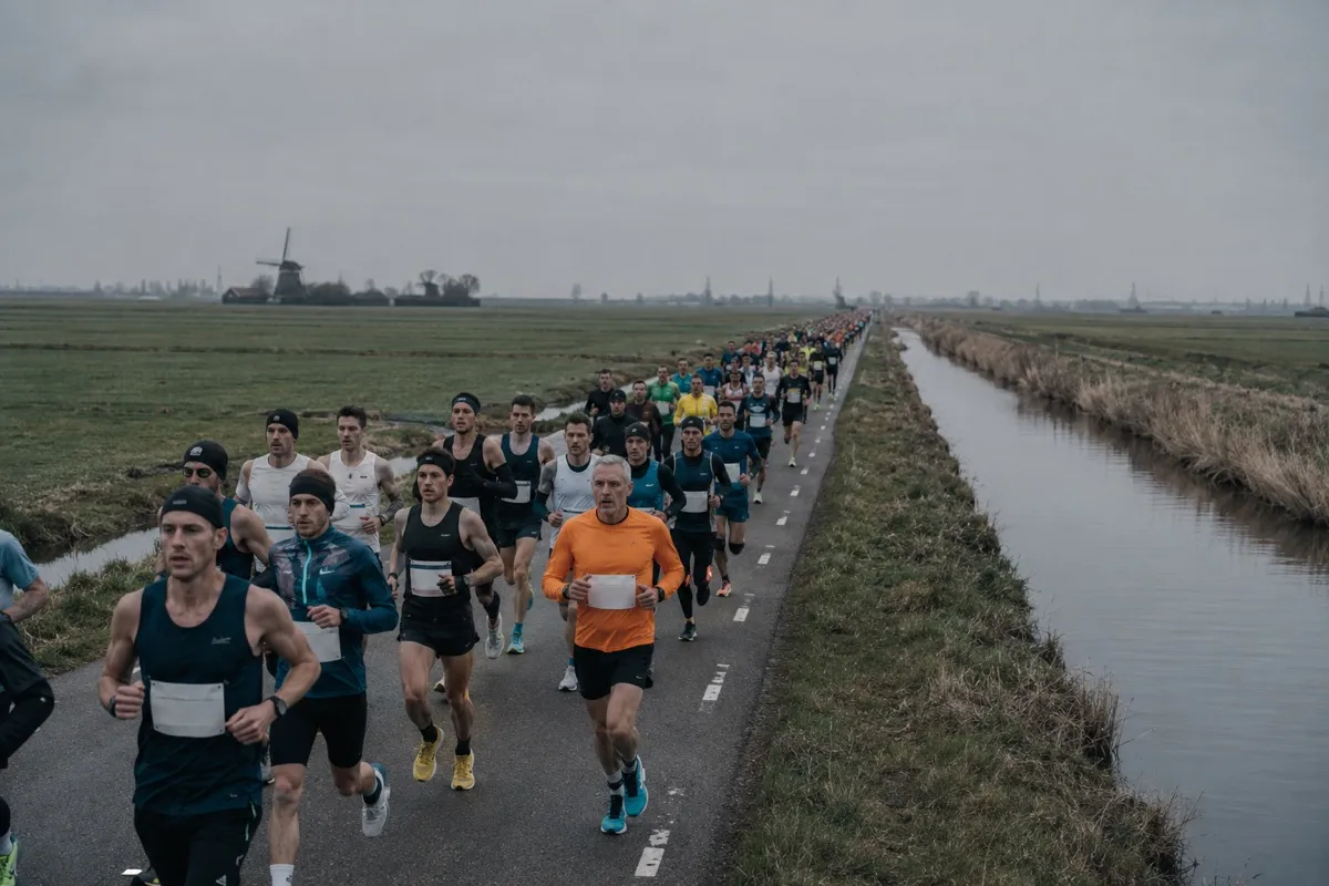A road race crossing the flat Dutch polder landscape, a long straight road under a low grey sky