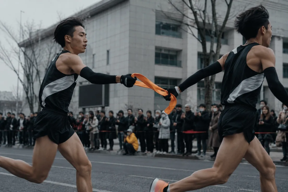 A runner handing the tasuki sash to a teammate during a Japanese ekiden road relay